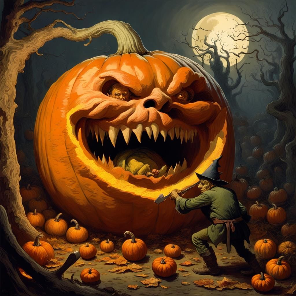 Goblin Carving Giant Halloween Pumpkin: Horror Illustration