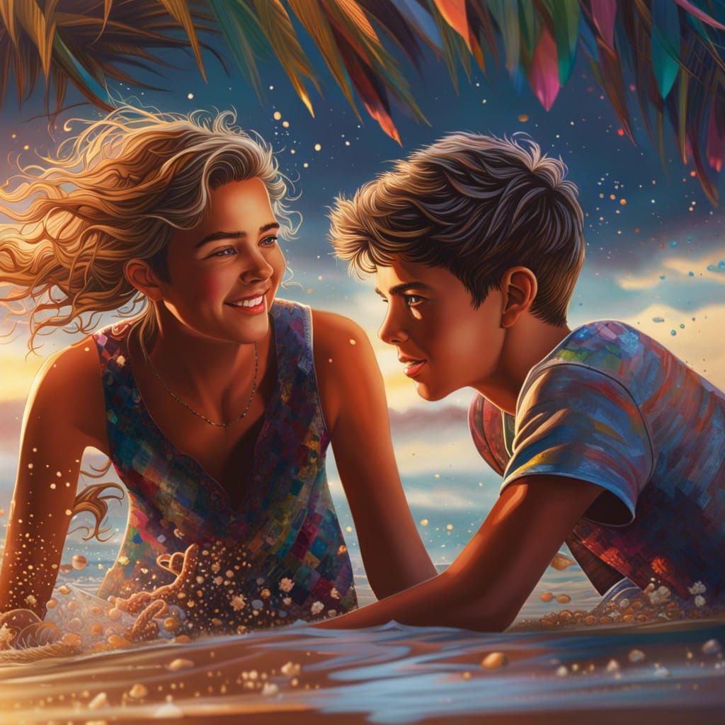 Teenage Couple's Beachside Romance in Hyperrealistic Style