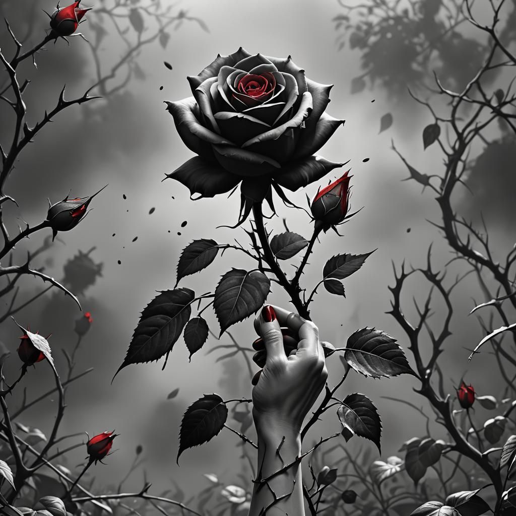 Hyperrealistic Hand Reaching for Thorny Red Rose