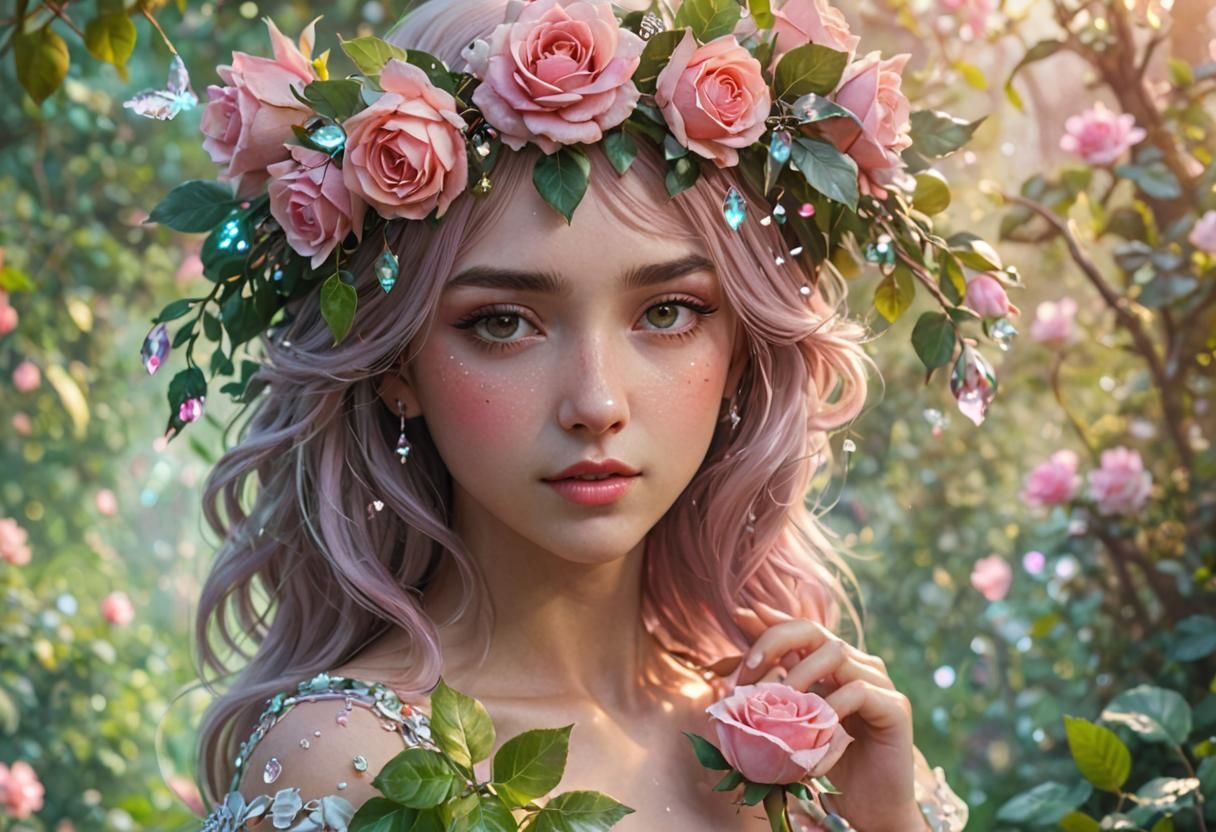 Girl with Rose Crown in Dreamlike Fantasy Garden