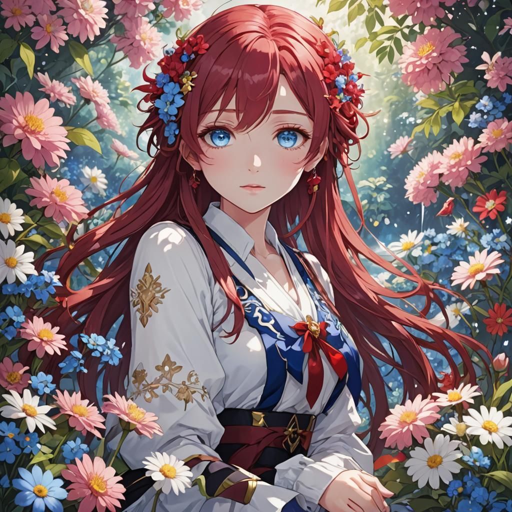 Ruby-Haired Girl Surrounded by Magical Flowers in Anime Styl...