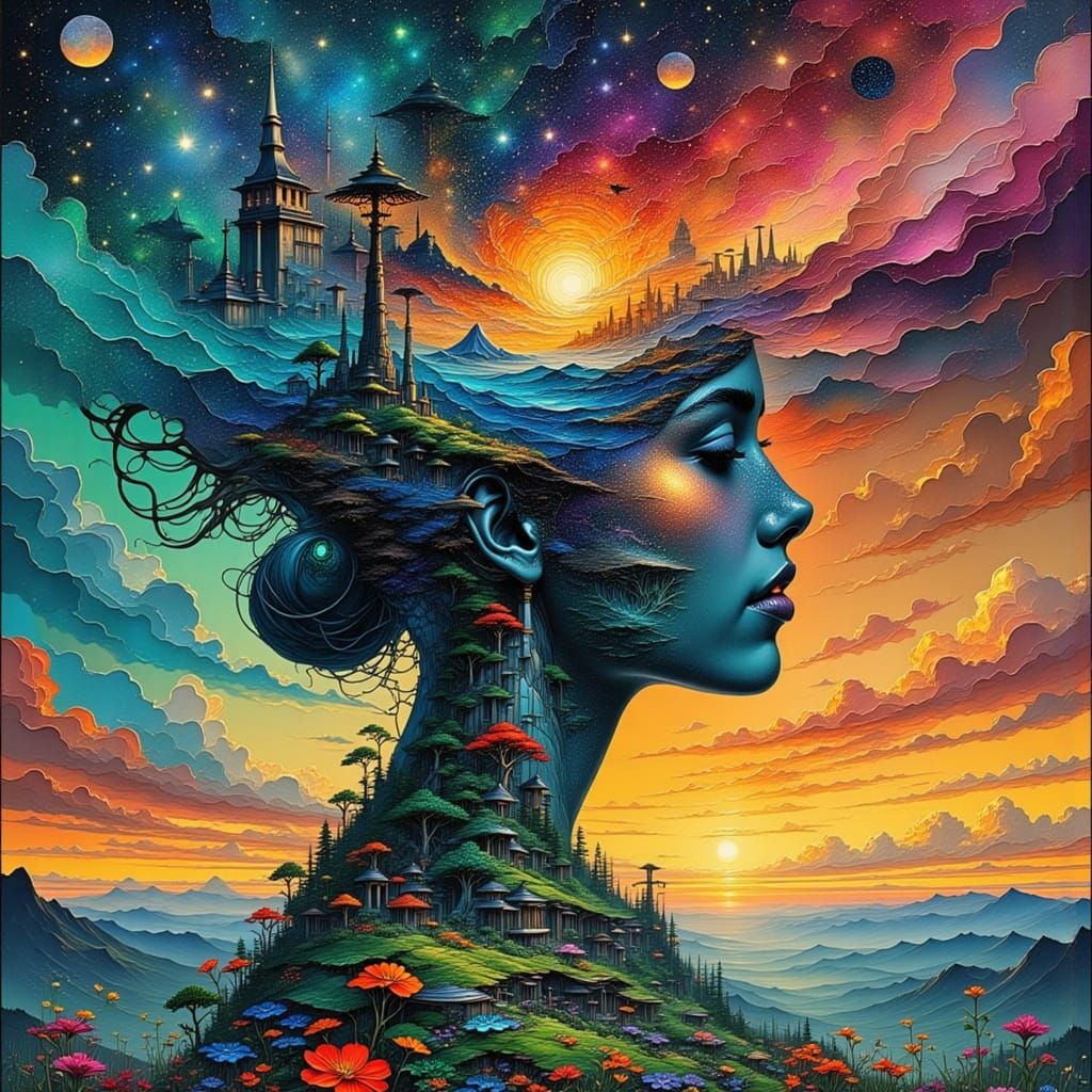 Woman Silhouette Merging Galaxy and Maximalist Landscape