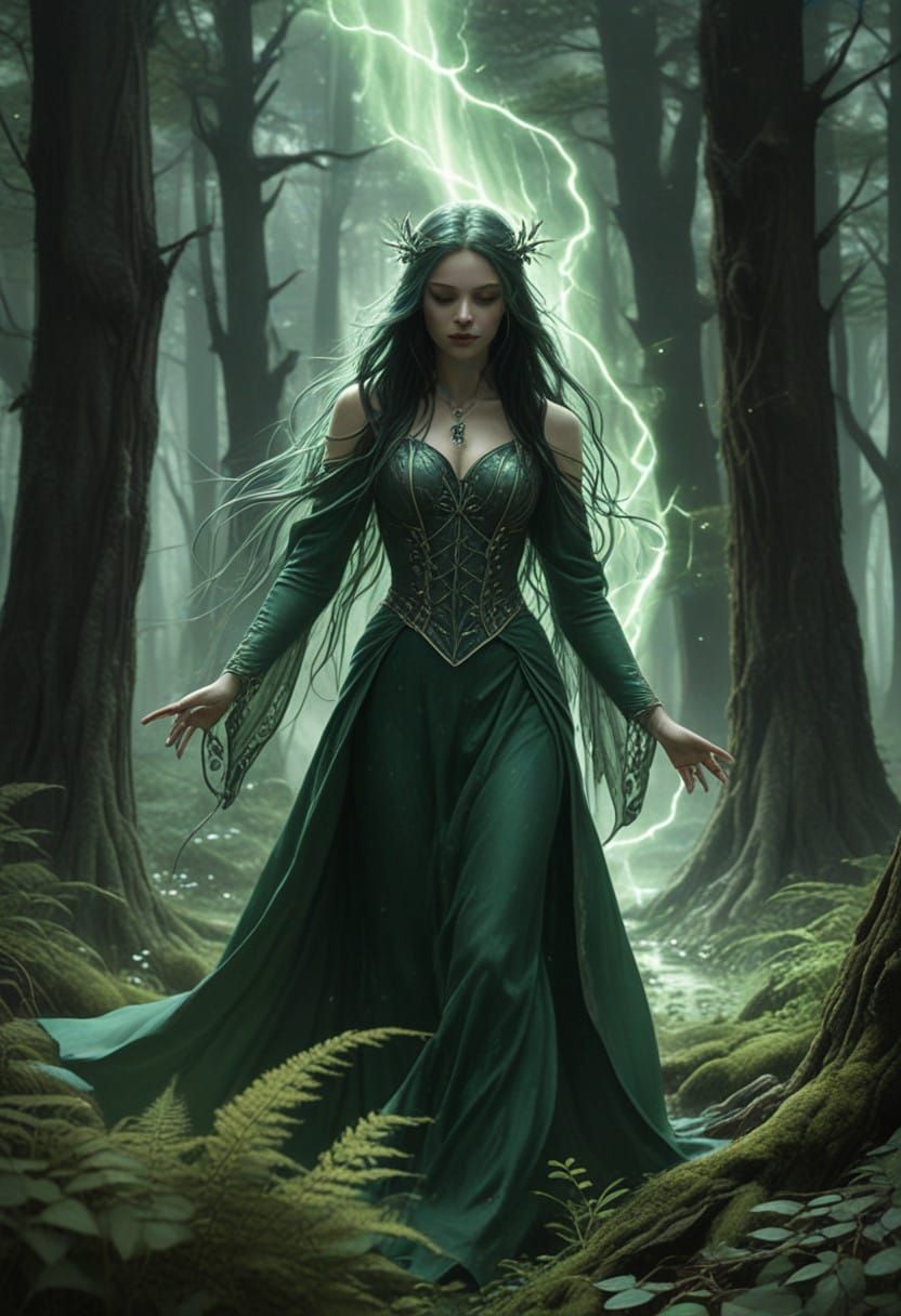 Enchanted Forest Sorceress in Vibrant Green Lightning