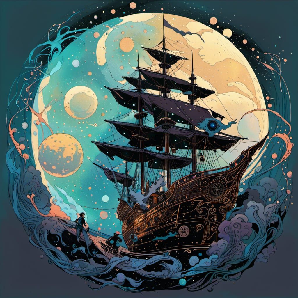 Pirate Ship Soaring Through Cosmic Space in Cyberpunk Style