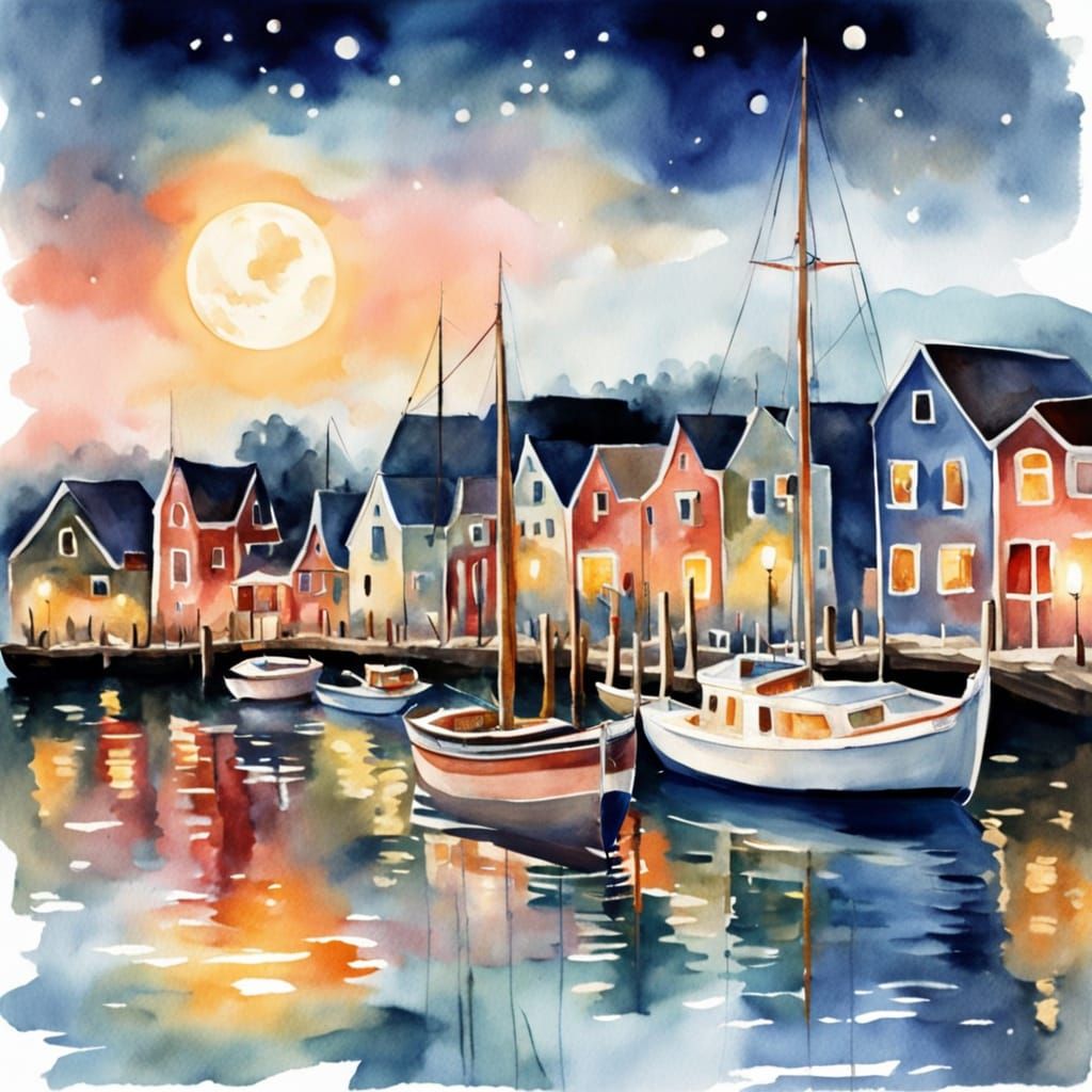 Cozy Harbor at Night: Watercolor Painting with Festive Light...
