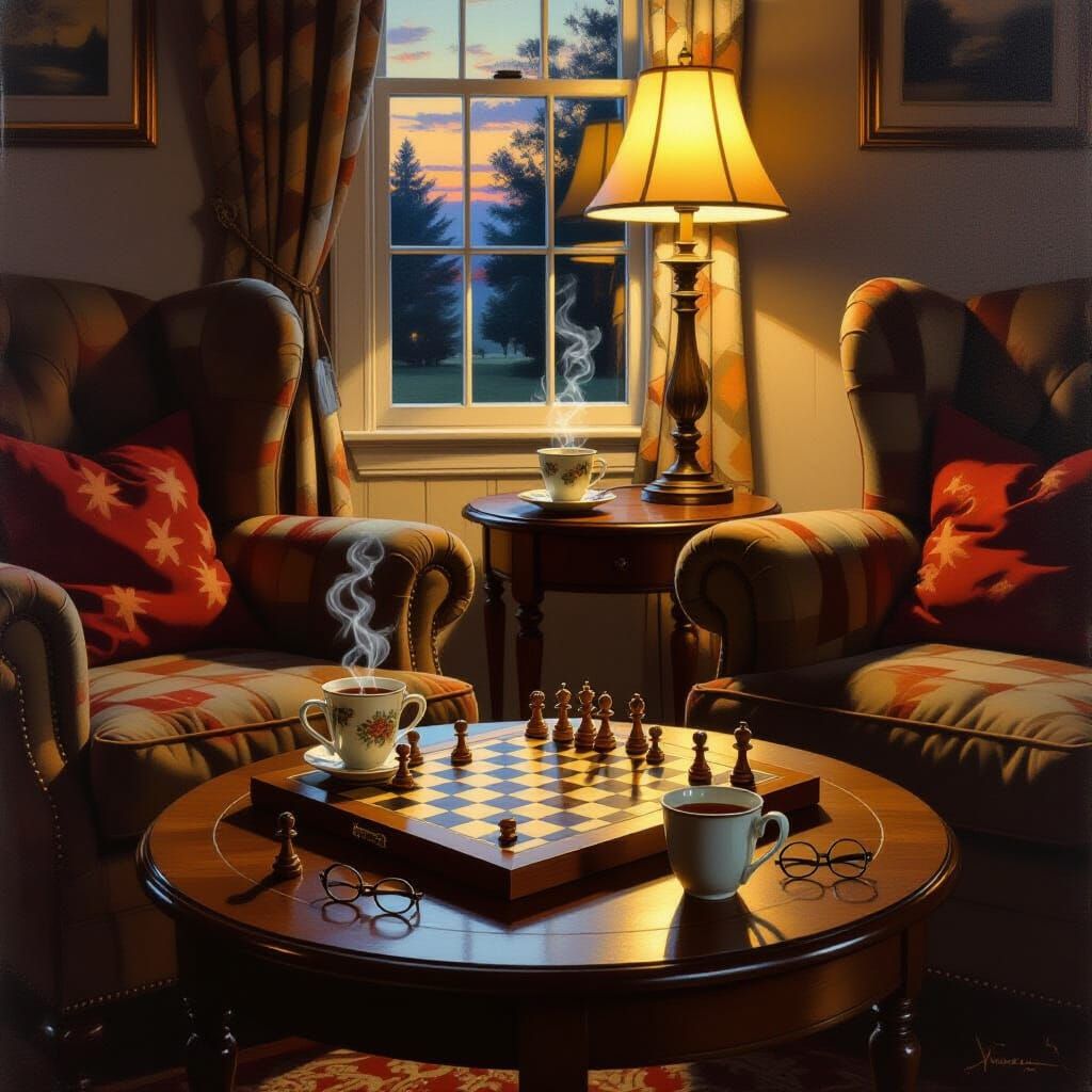 Norman Rockwell Style Oil Painting of Chess Game at Dusk