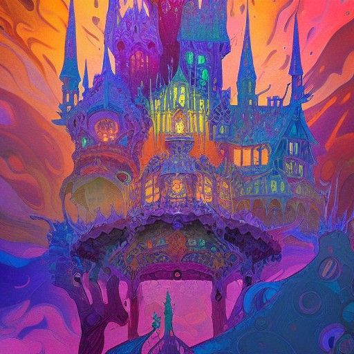 Psychedelic Fantasy Castle in Detailed Oil Painting Style