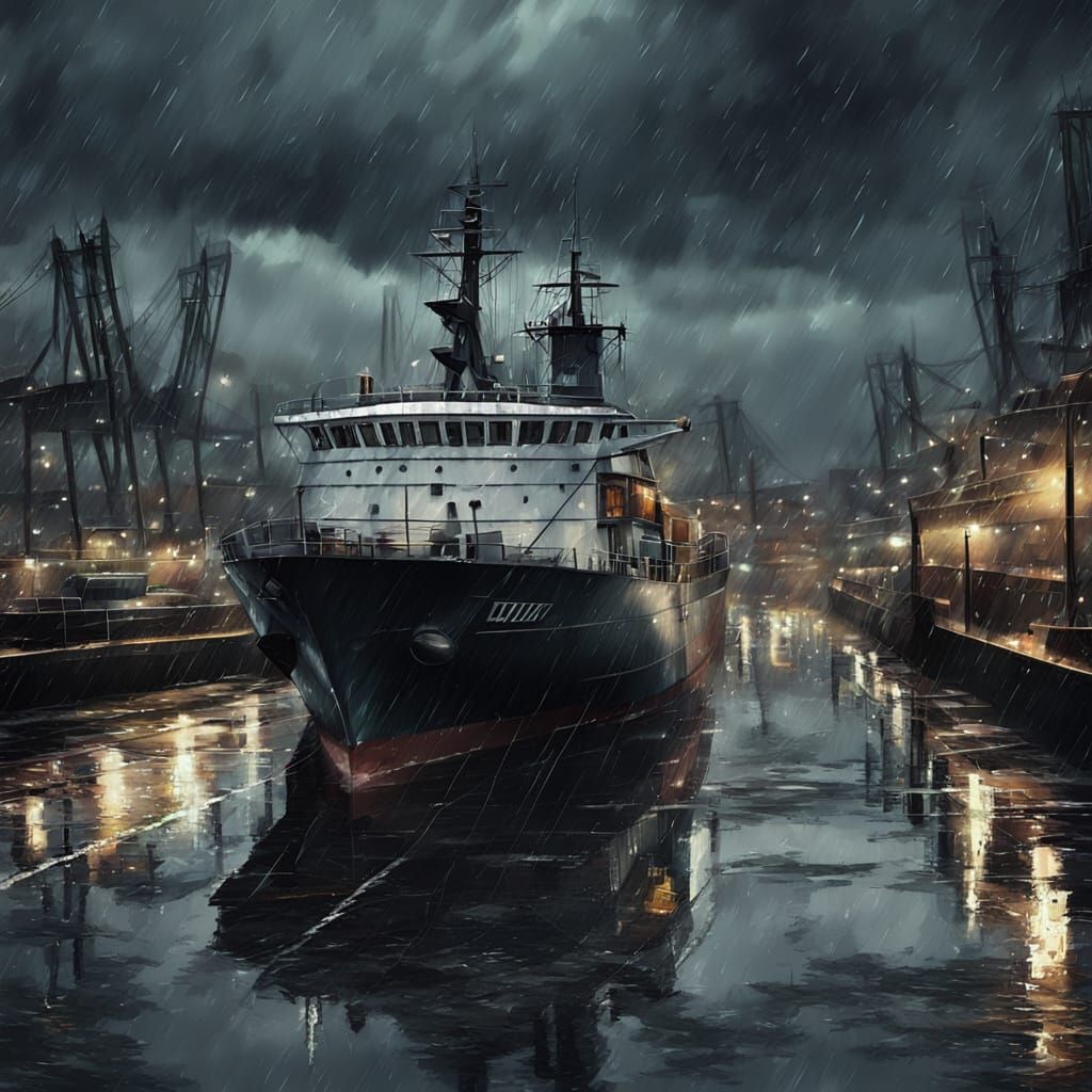 Gloomy Seaport Evening Digital Painting