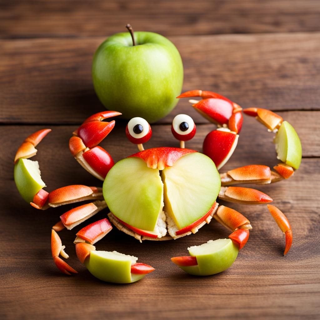 Cute Apple Crab Sculpture on Wood