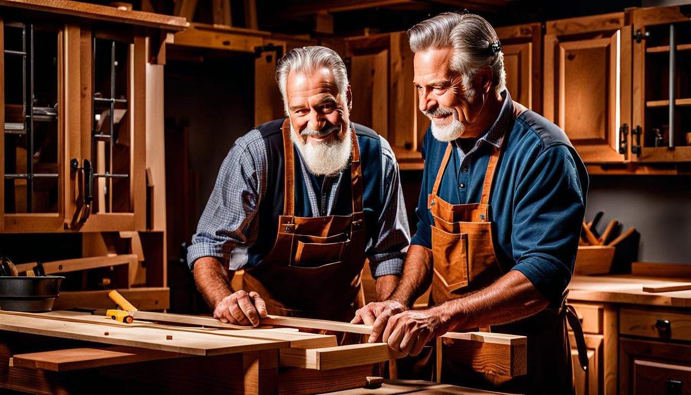Carpenter Teaching Apprentice Cabinetry Skills in High Defin...
