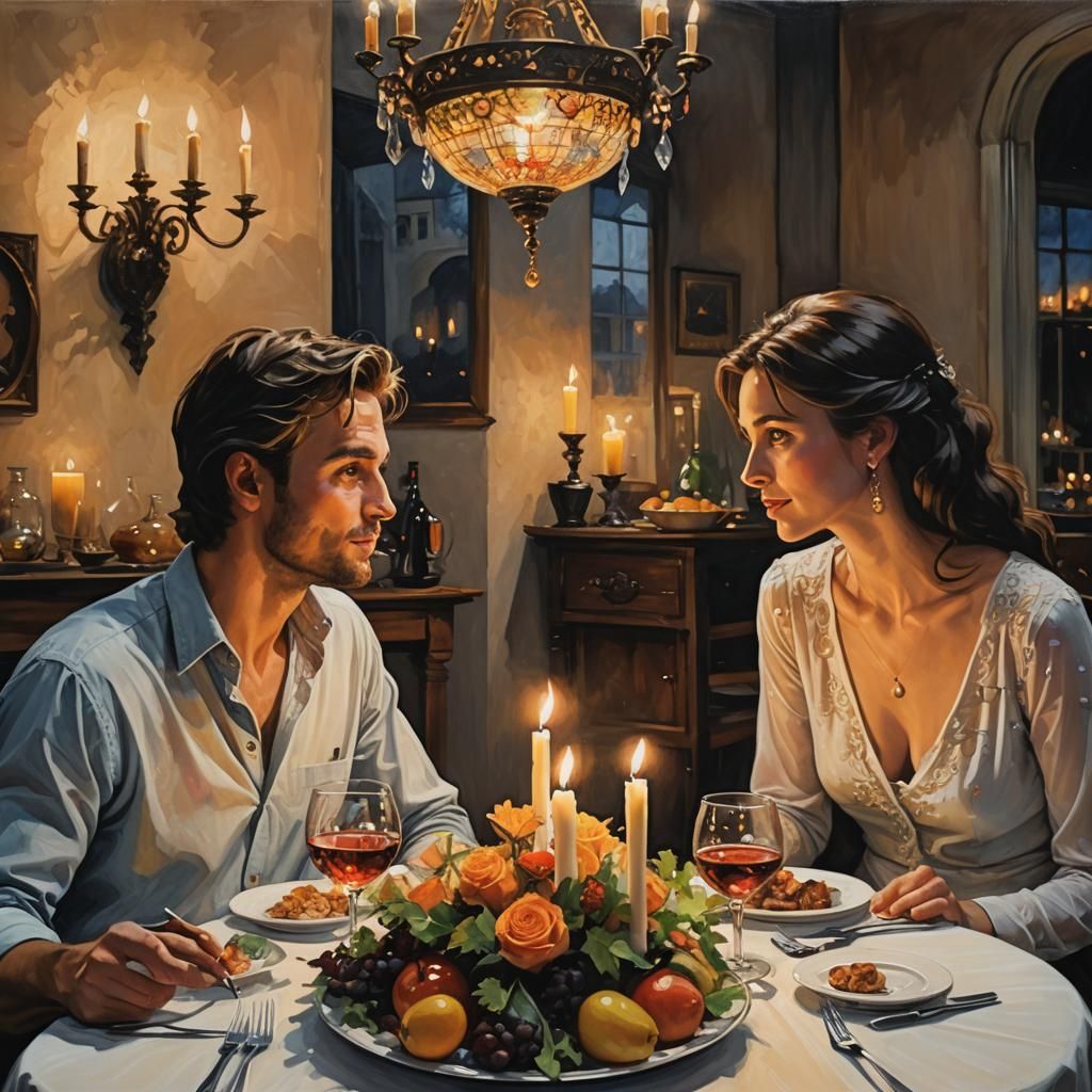 Romantic Candlelit Dinner: Detailed Backlit Painting