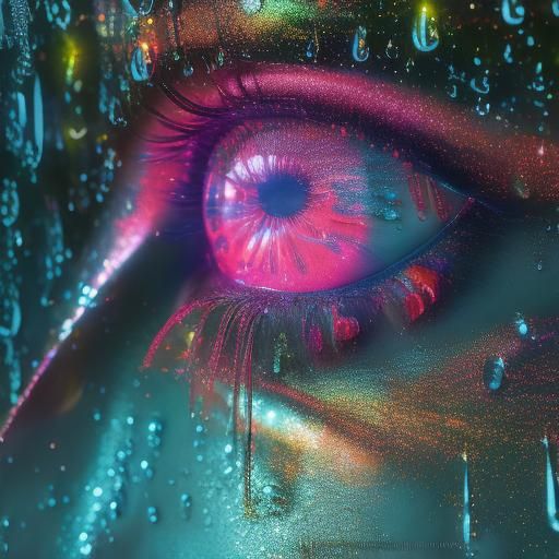 Eye Reflection of Neon Dancer in Rain