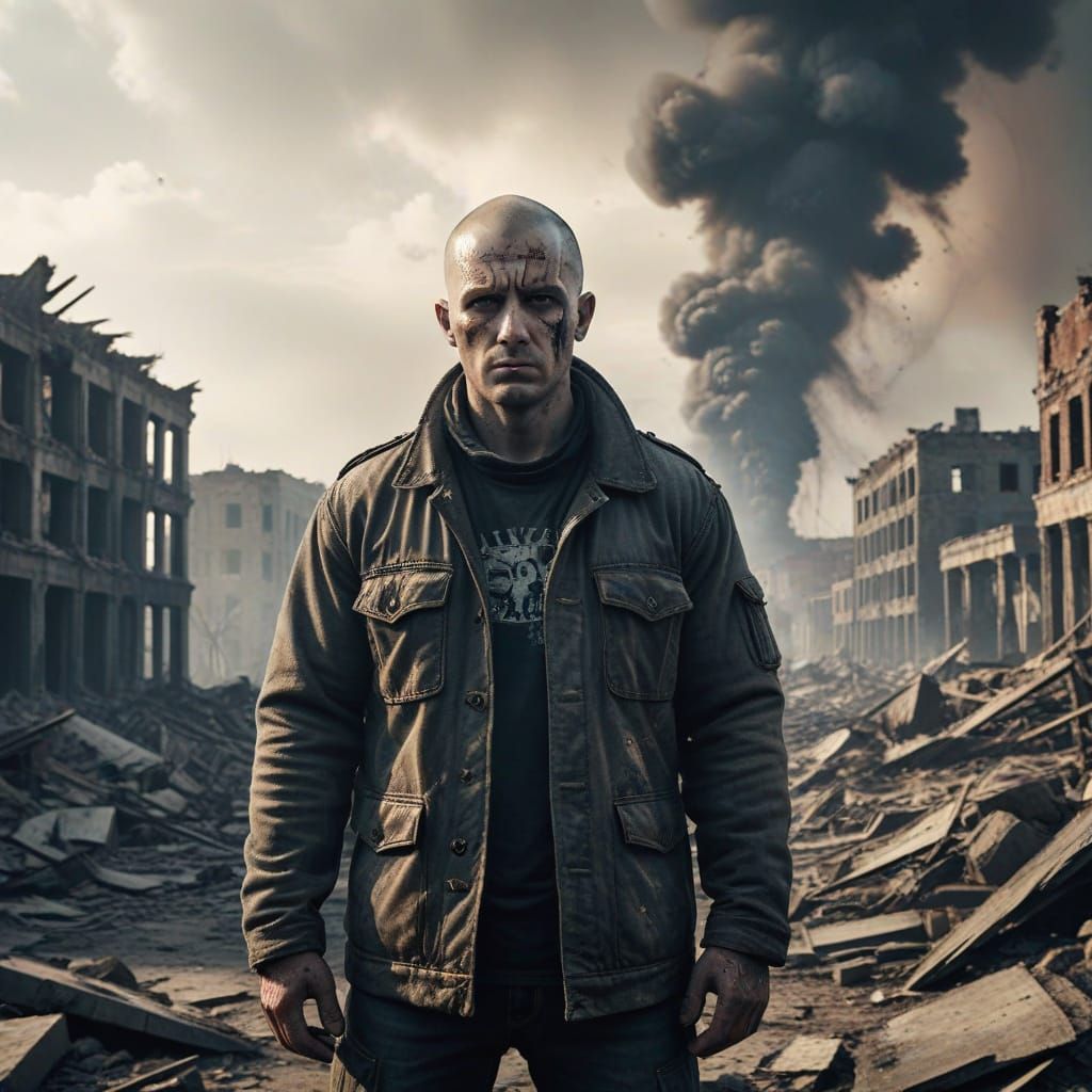 Defiant Skinhead Amidst War-Torn City Ruins