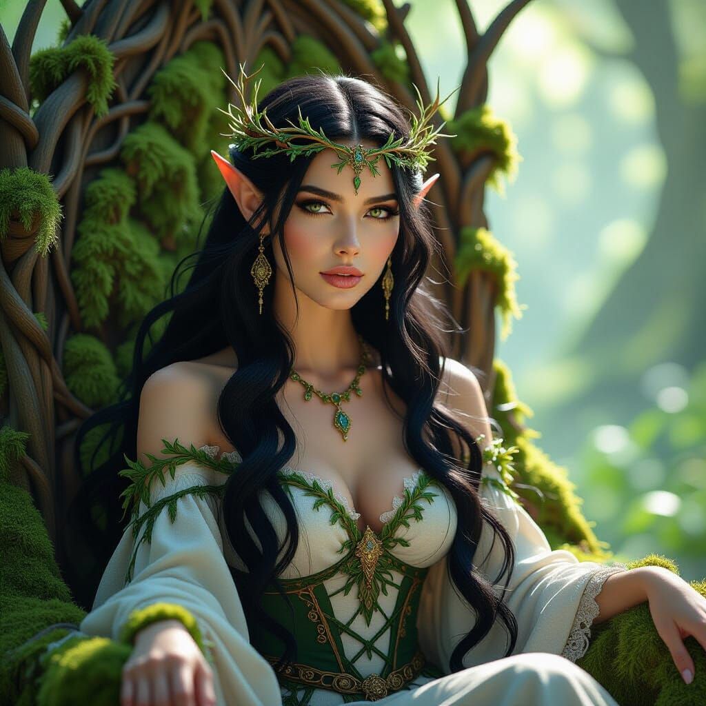 Elven Queen on Forest Throne in Hyperrealistic Style