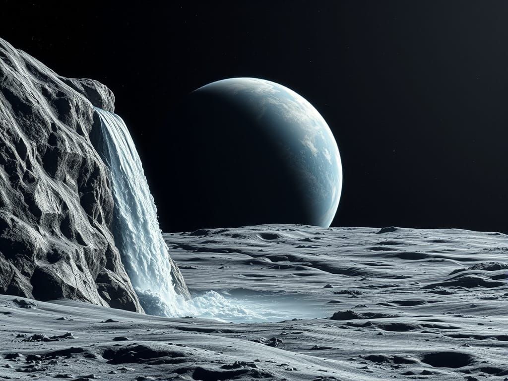 Lunar Waterfall with Earth in Background