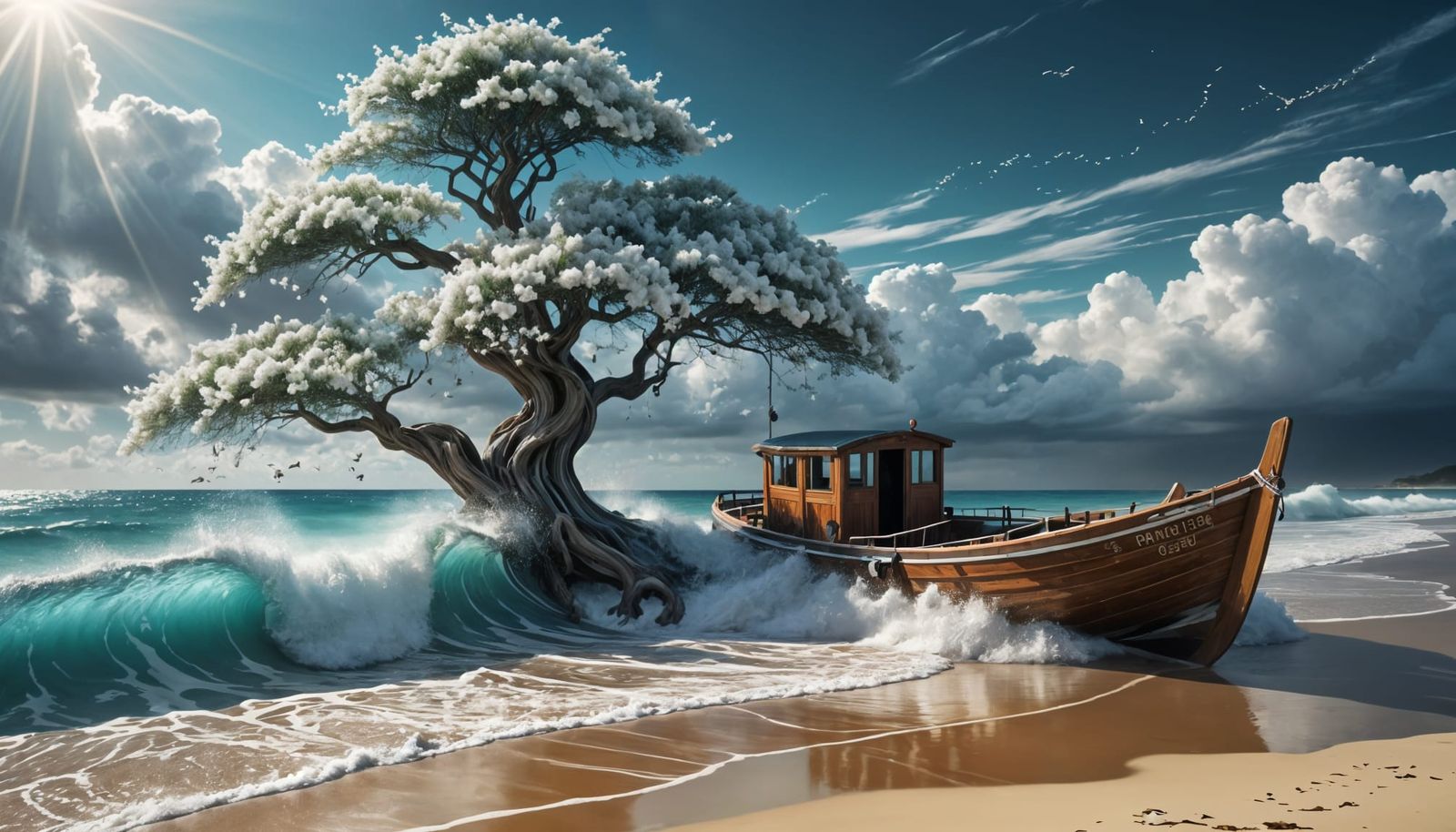 Whimsical Wooden Boat in Dreamy Beach Scene