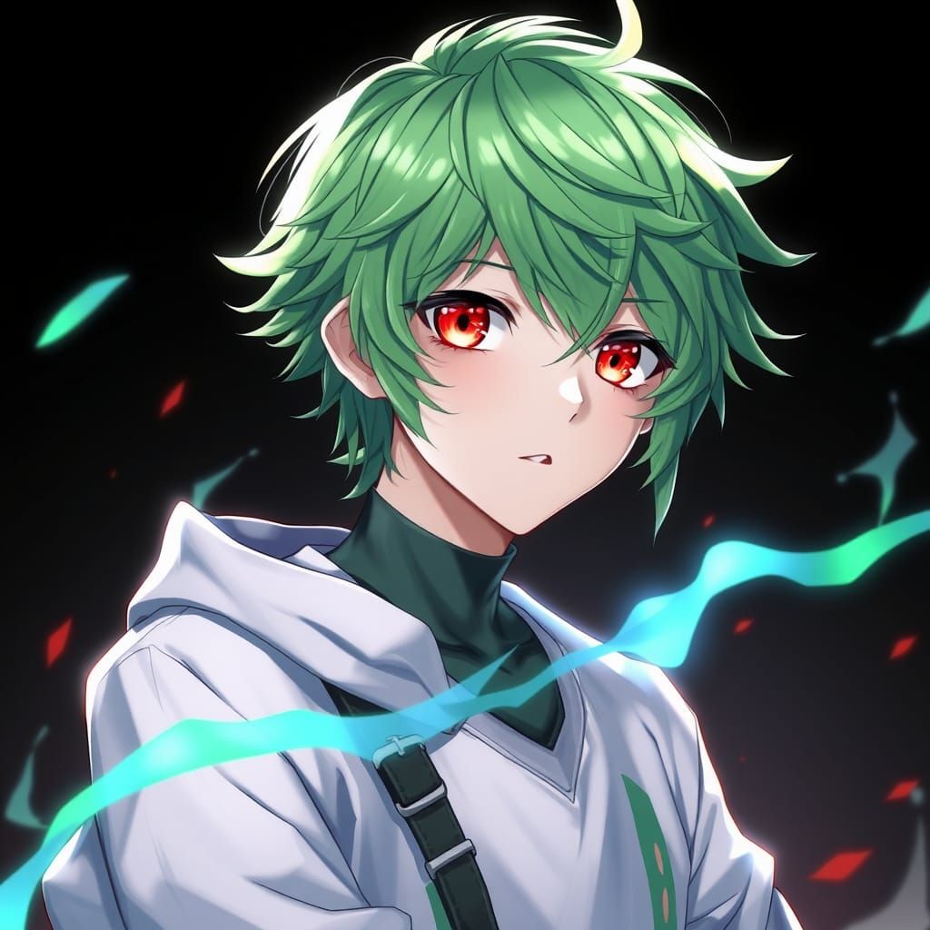 Vibrant Anime-Inspired Boy with Grass Green Hair and Red Eye...