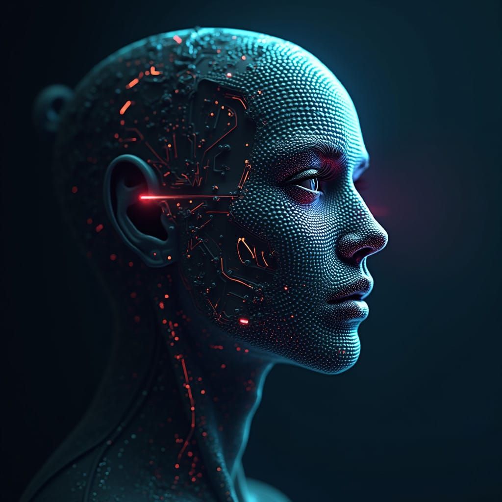 Cyberpunk Portrait of Human Face with Neon Circuitry