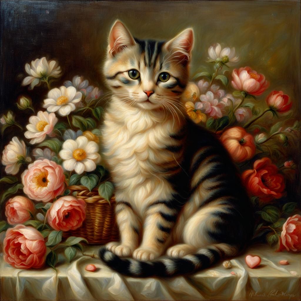 Cat on Pillow Surrounded by Flowers