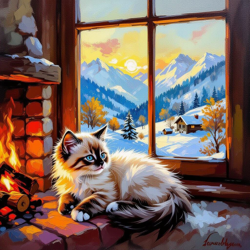 Cute Siamese Kitten by Fireplace in Autumn Alps Cottage