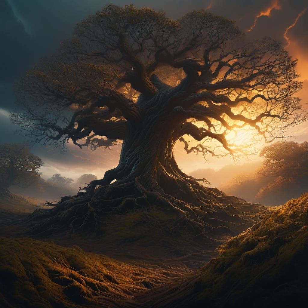 Gnarled Tree Dominates Moody, Surreal Landscape
