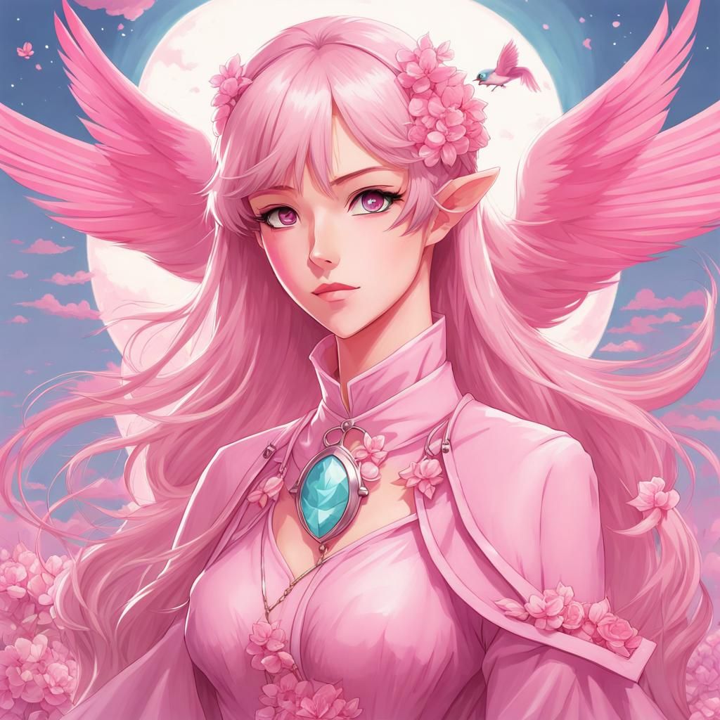 Pastel Pink Bird Person in Anime Style