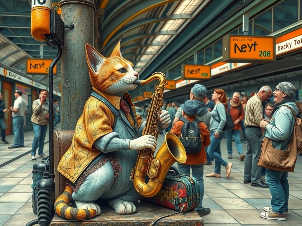 Busker Cat Plays Saxophone in Train Station