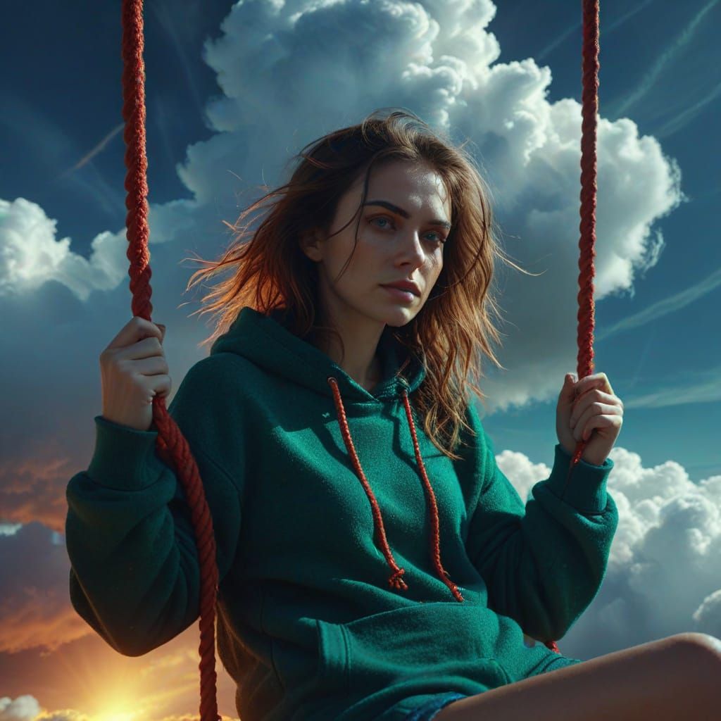 Woman on Swing Above Clouds in Surreal Style
