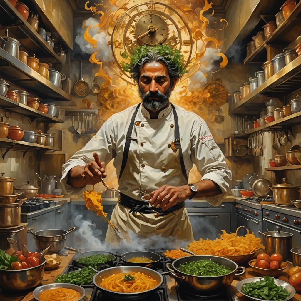 Towering Culinary Robot in Expressionist Kitchen Scene