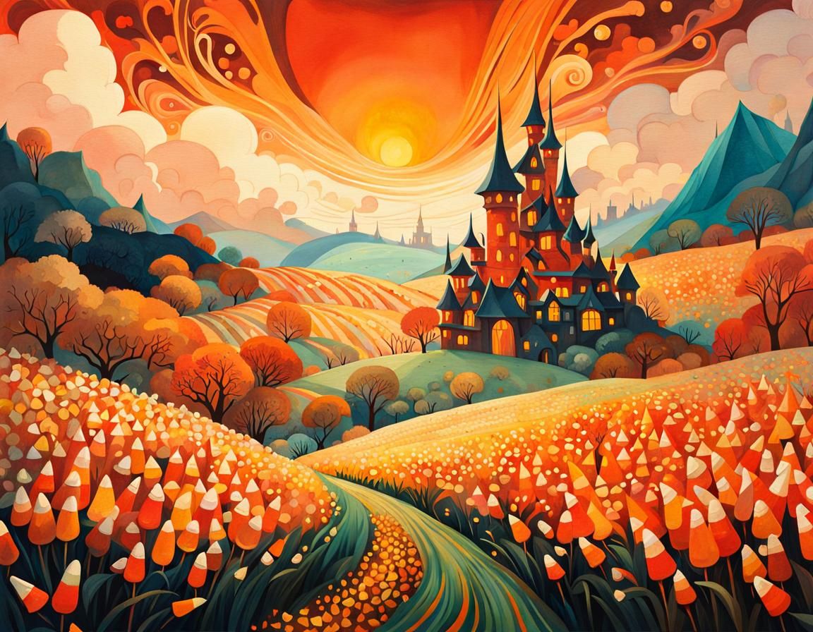 Candy Castle in Candy Corn Field, Watercolor Style
