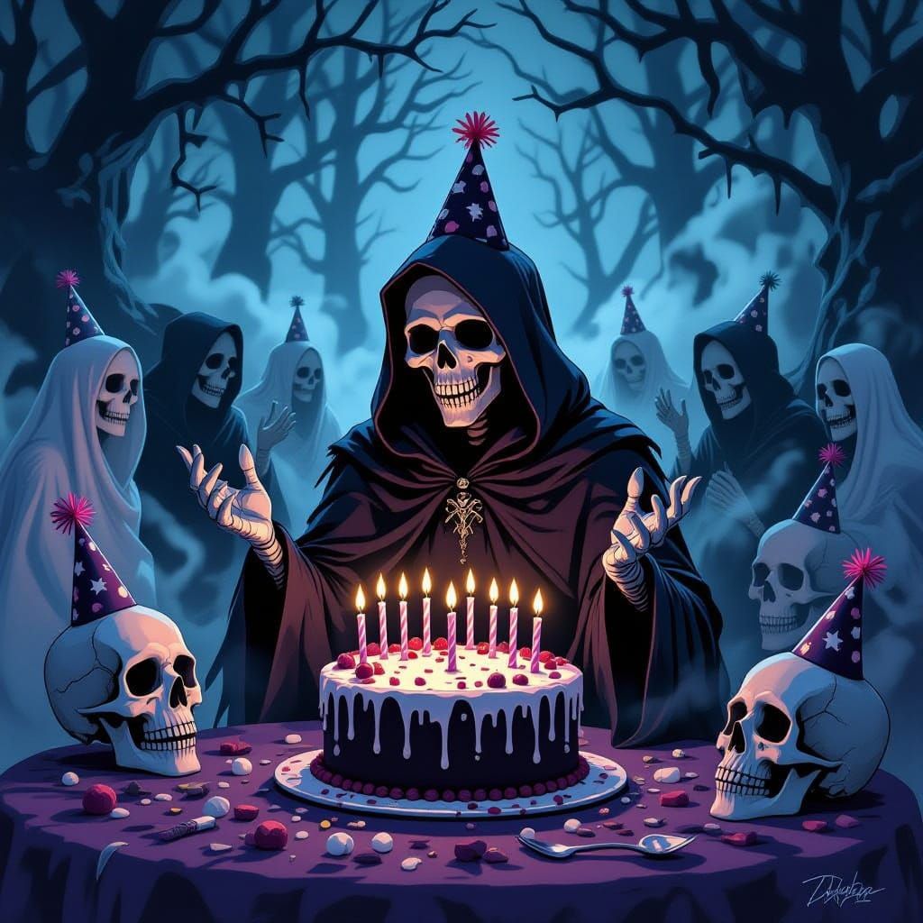 Grim Reaper's Darkly Humorous Birthday Celebration