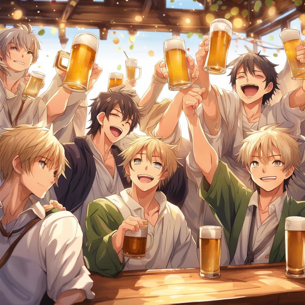 Festive Beer Celebration in Anime Style