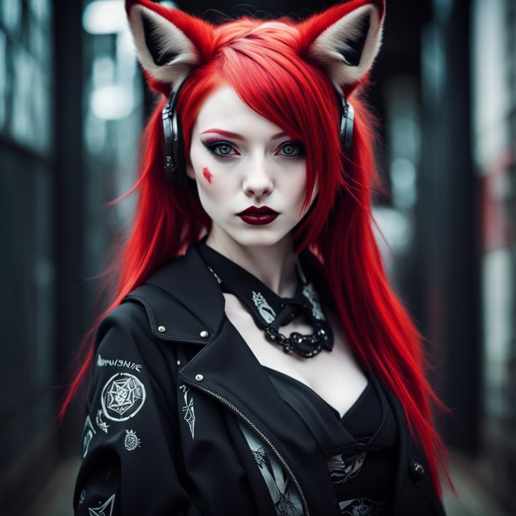 Cyberpunk Kitsune Girl with Red and Black Hair