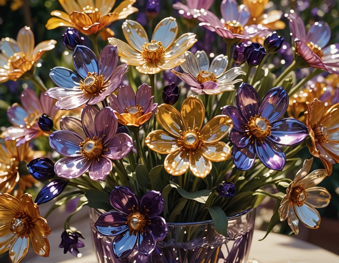 Vibrant Glass Flowers in Dreamlike Garden Setting