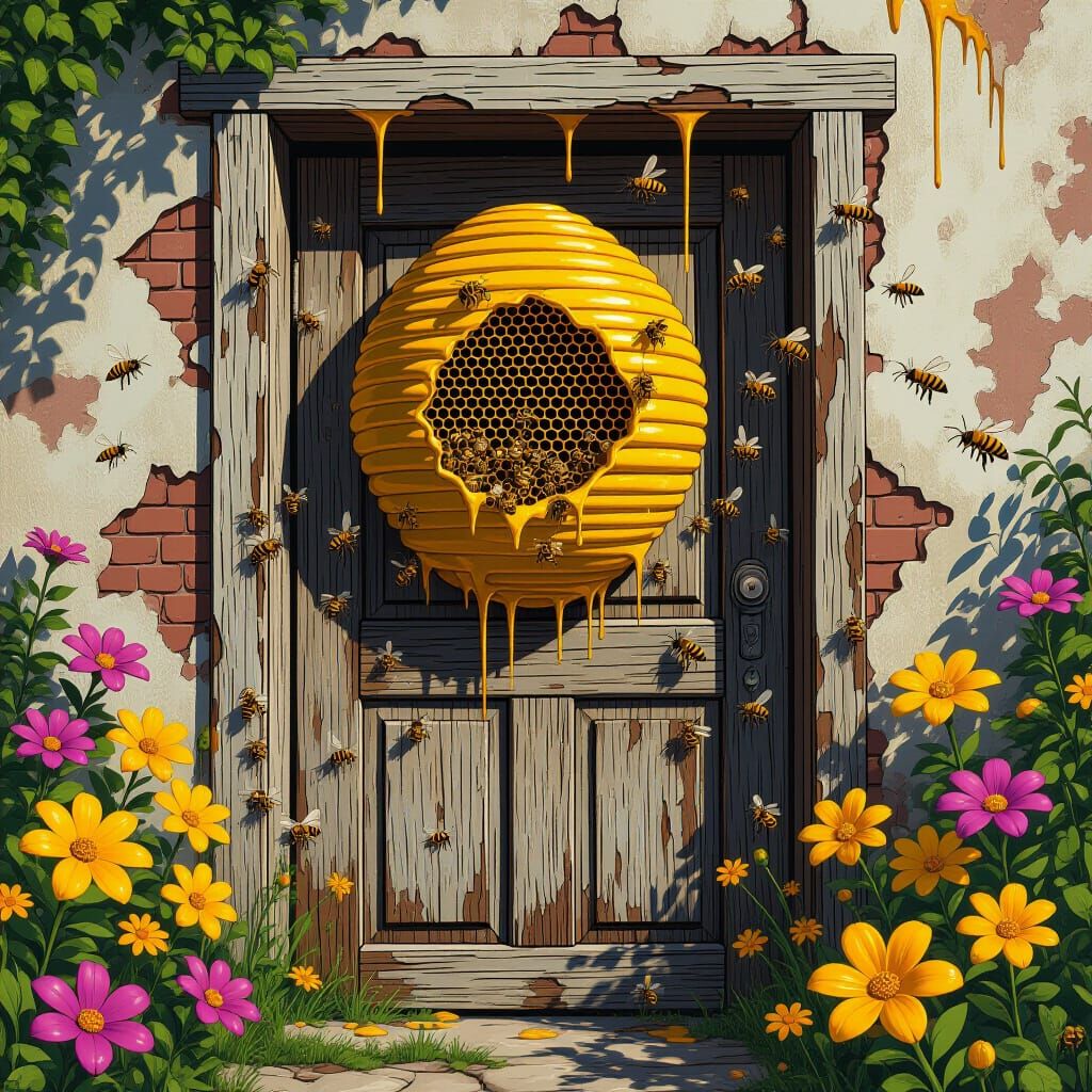 Hyper-Realistic Beehive Doorway in Comic Book Style