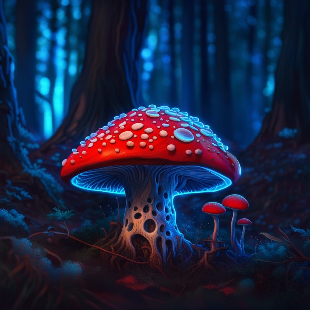 Neon Fly Agaric Mushroom in Cyberpunk Forest