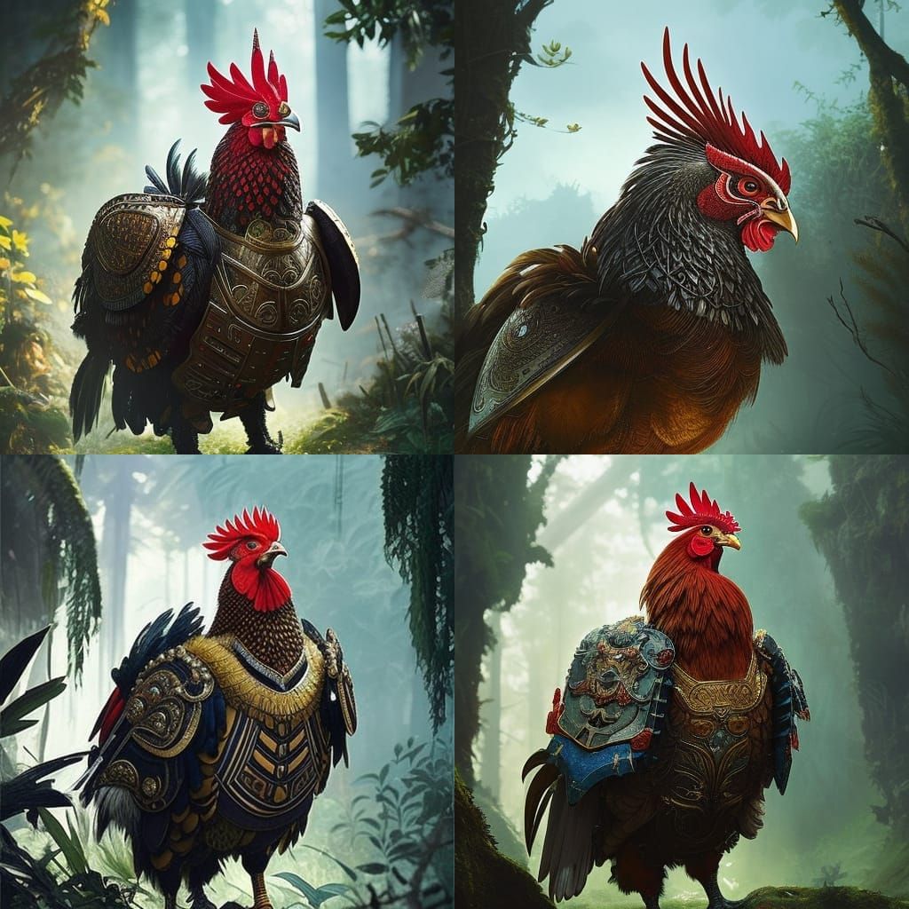 Armored Rooster Portrait in Jungle Setting