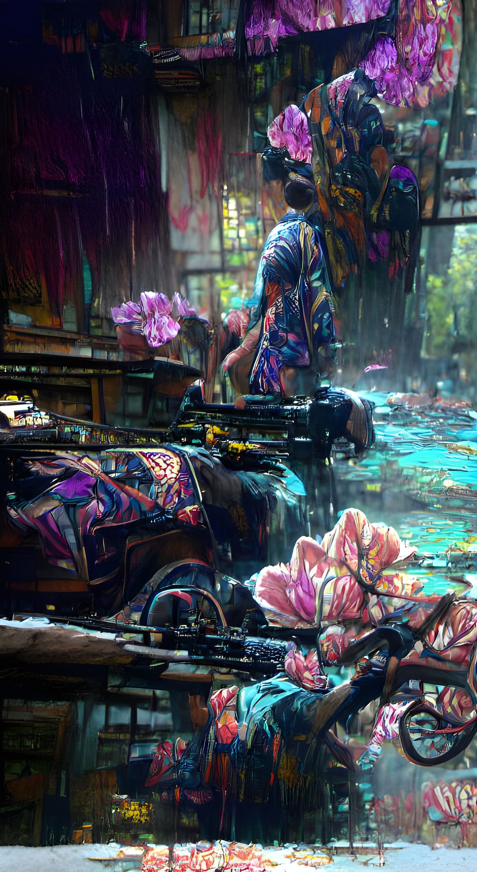Colorful Floral Batik Pattern in Film Noir Style