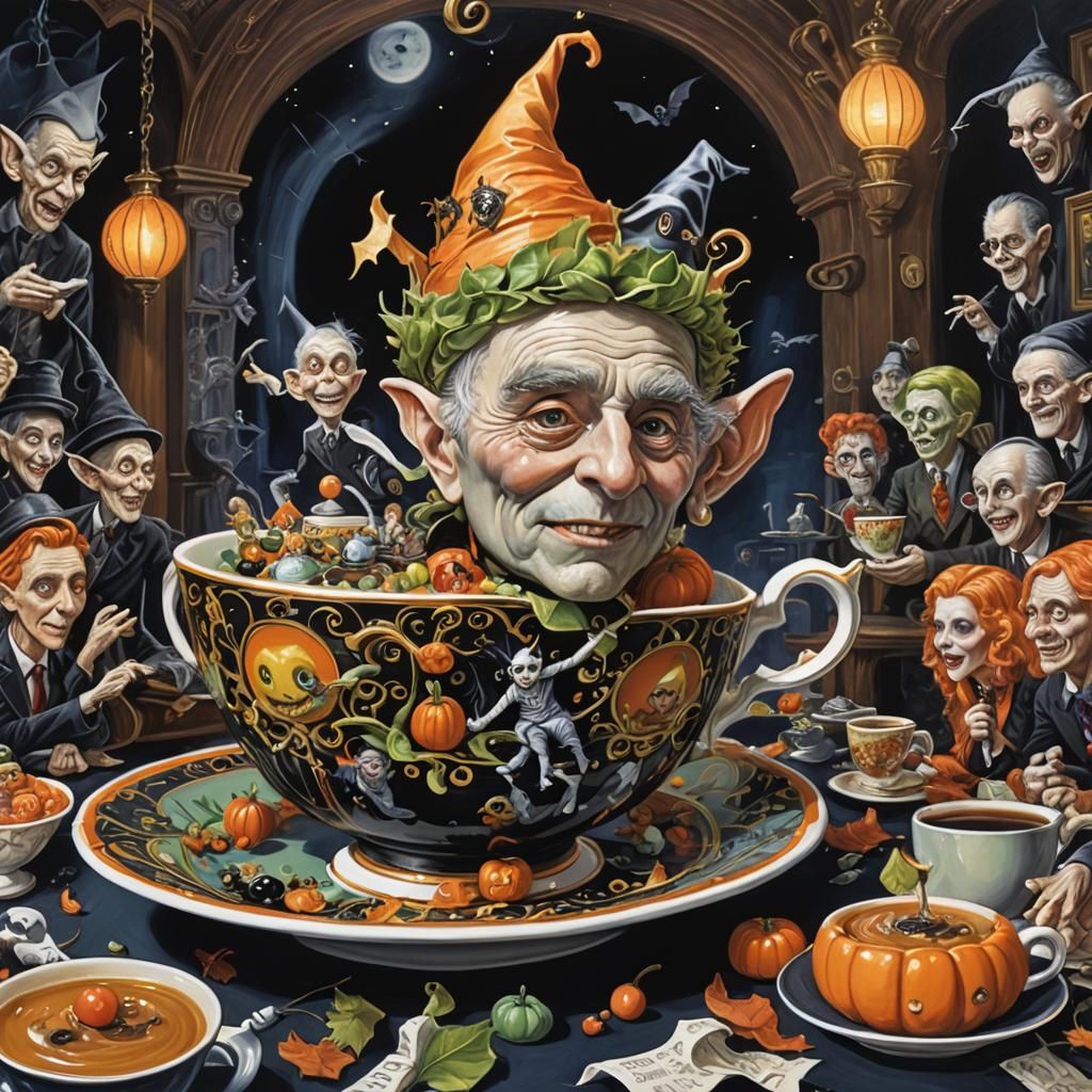Halloween Jazz Club in a Teacup: Hyperrealistic Splash Art