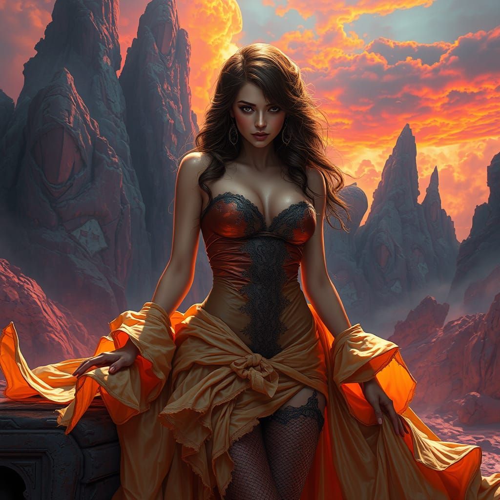 Melting Dress Femme Fatale in Fantasy Matte Painting Style