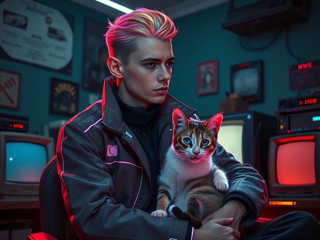 Mysterious Synthwave Hero Enchants with a Glowing Feline Com...