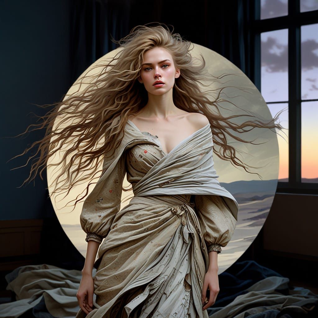 Glamorous Woman on Windswept Moor at Twilight