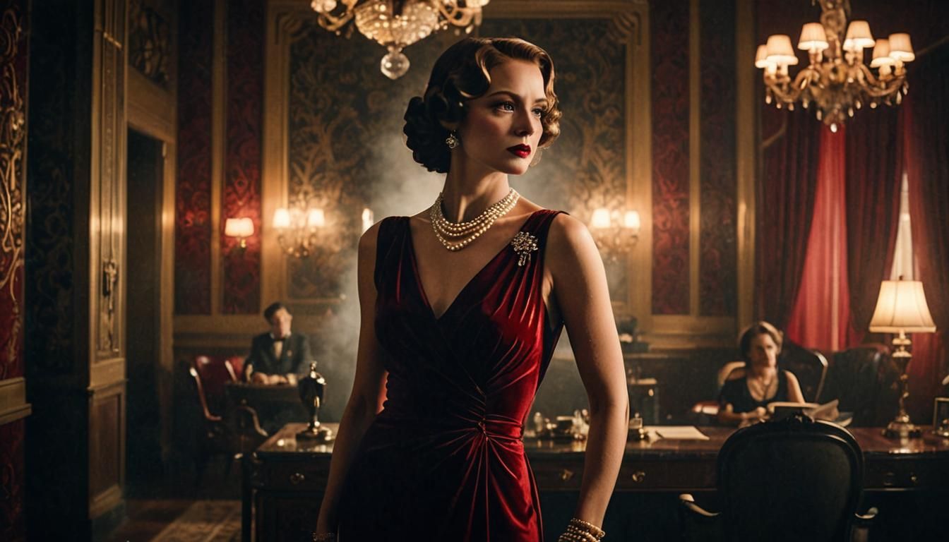 Glamorous Woman in Red Gown: Art Deco Film Noir