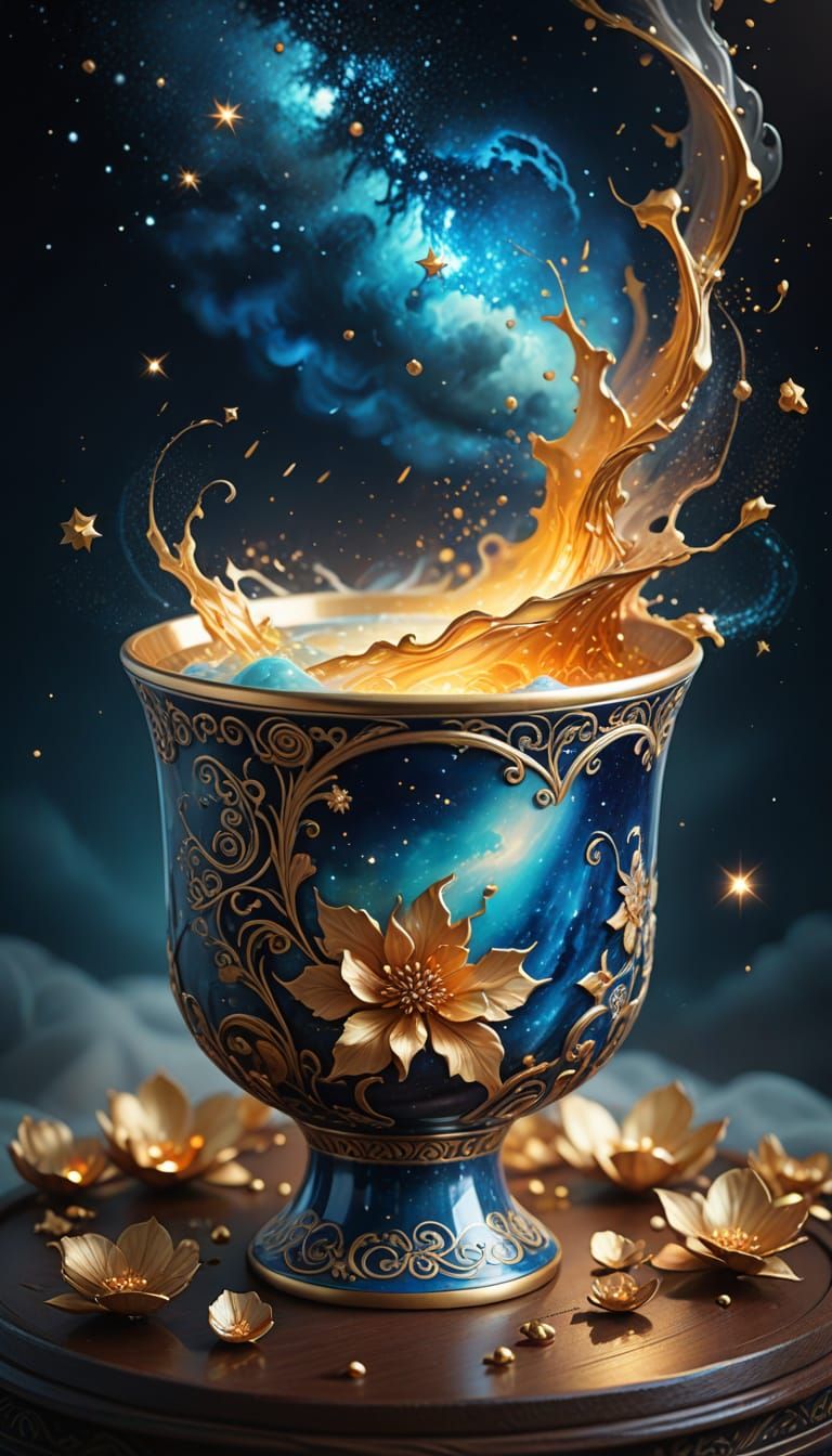 Whimsical Galaxy Erupts from Oriental Porcelain Cup in Artge...