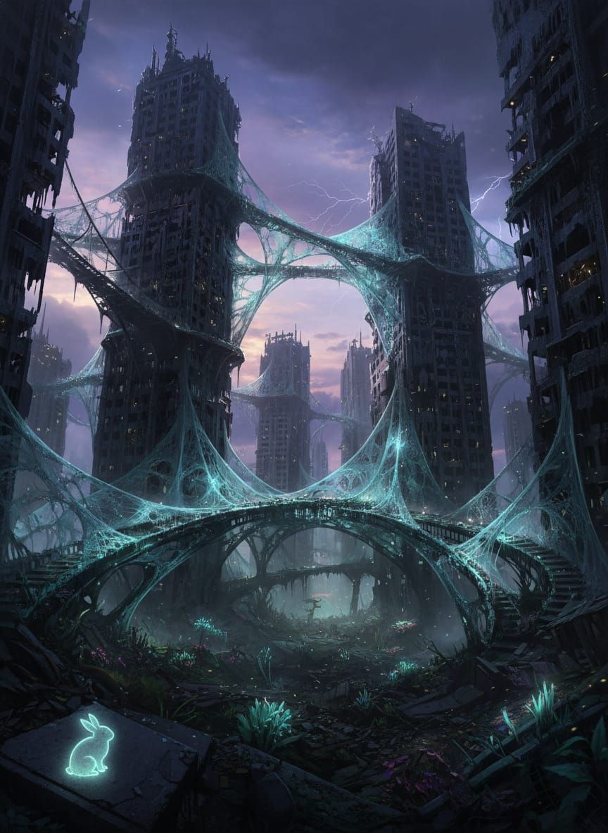 Post-Apocalyptic City Draped in Glowing Spiderwebs