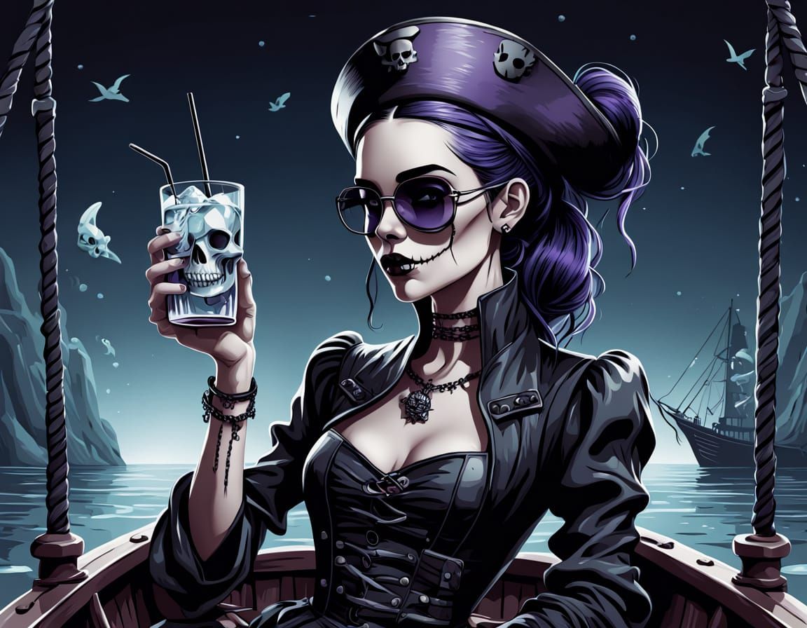 Goth Woman at Helm of Pirate Ship: Vector Art