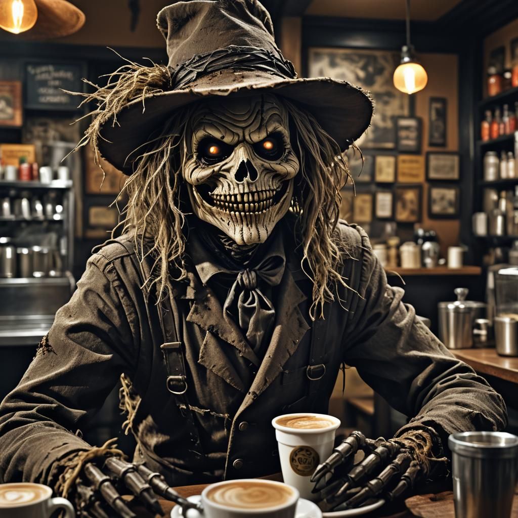 Scary Scarecrow Orders Espresso on Halloween Night