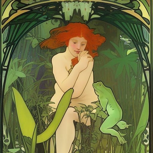 Redhead Sorceress Dancing with Frogs in Swamp, Art Nouveau