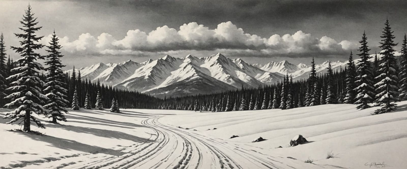 Serene Snow Landscape in Charcoal Style