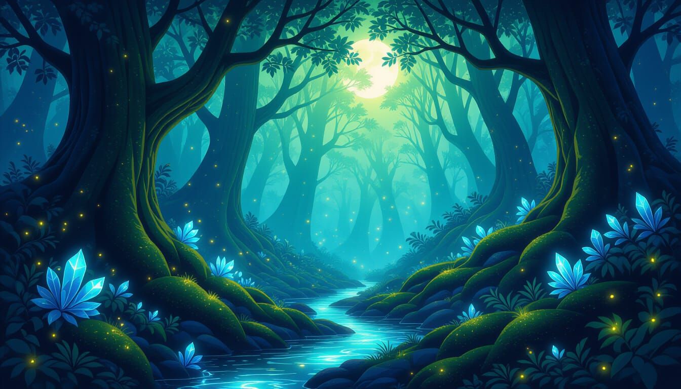 Mystical Moonlight Woodland in Dreamlike Luminescent Style